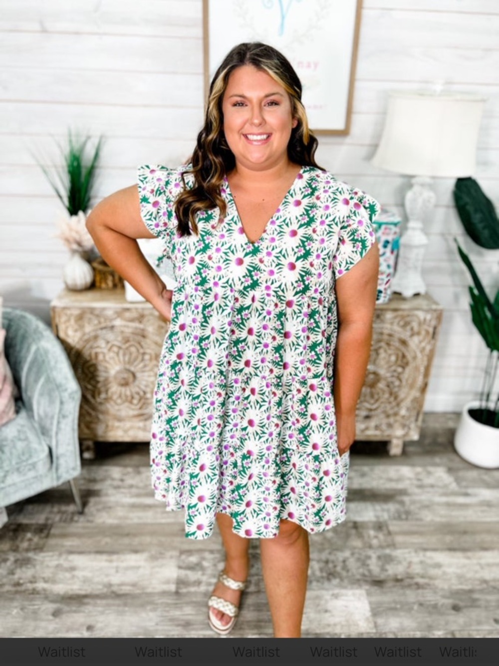 entro White Daisy Print Swing Dress with Pink & Green